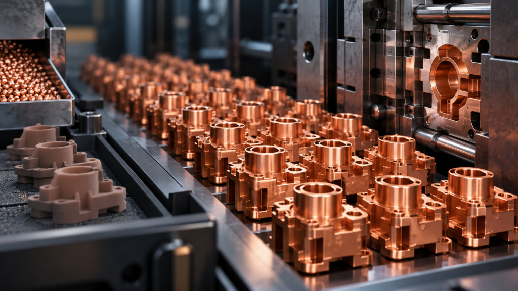 Copper injection molding production of complex copper components for high-volume manufacturing