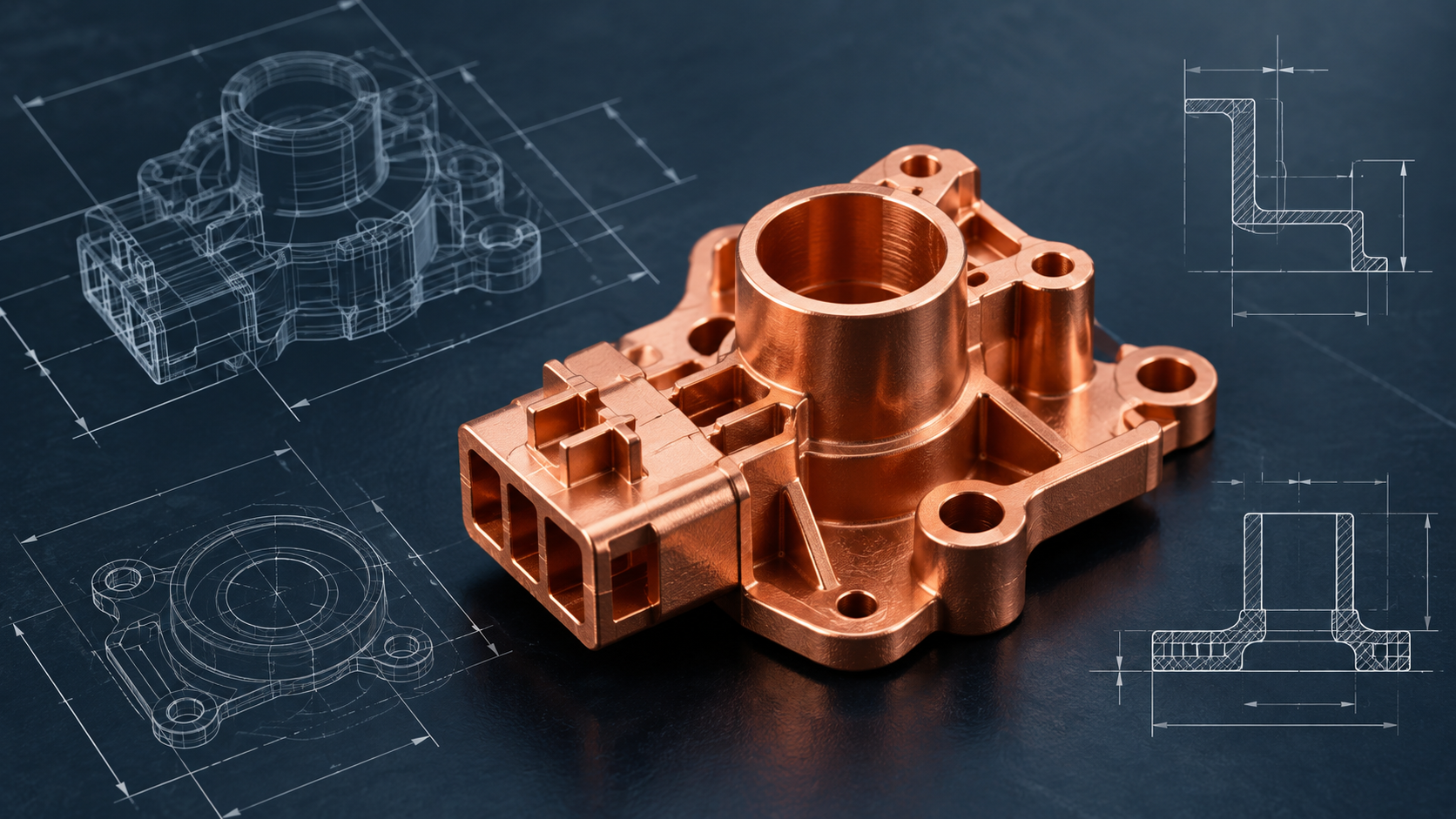Copper injection molded component with engineering drawings illustrating CuMIM design considerations