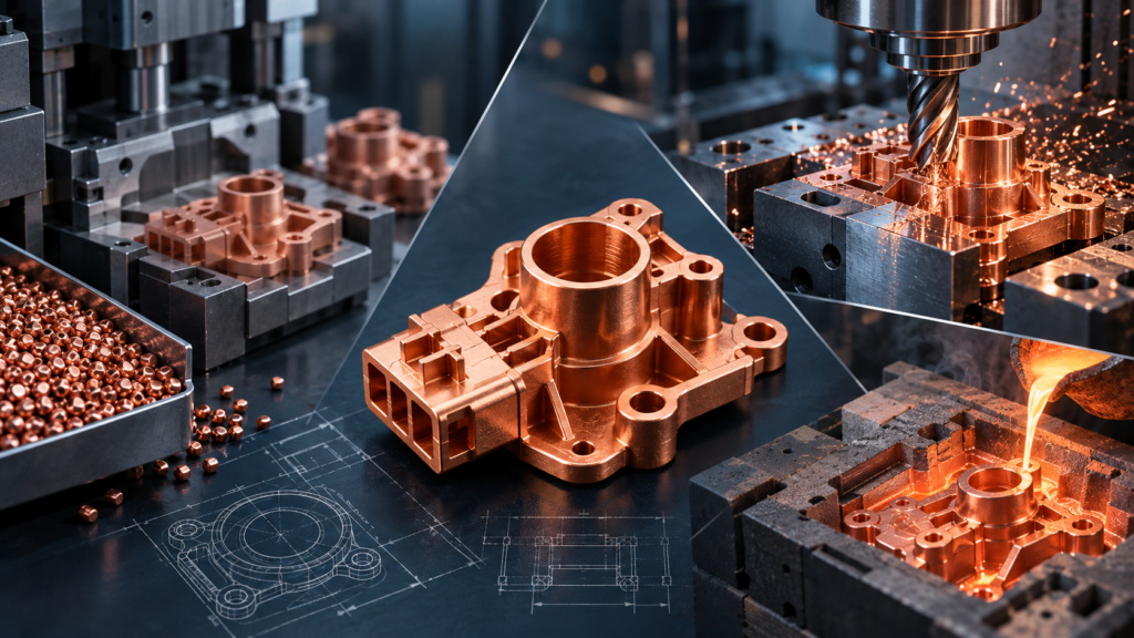Comparison of CuMIM, CNC machining and casting processes for manufacturing complex copper parts
